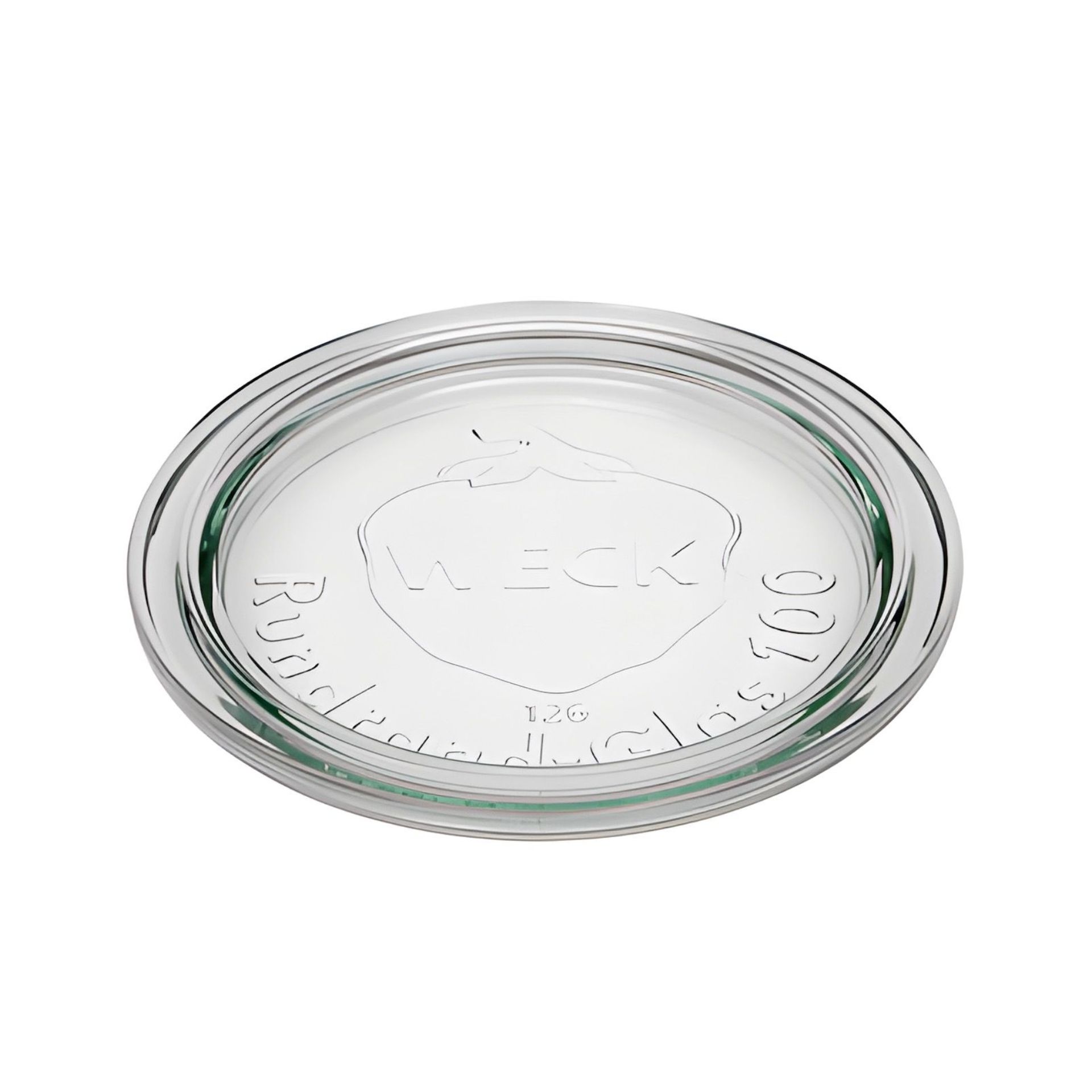 Runder Weck-Glasdeckel aus transparentem Glas mit geprägtem WECK-Logo und einer Größe von 10 cm, geeignet für Rundrand 100 Gläser.